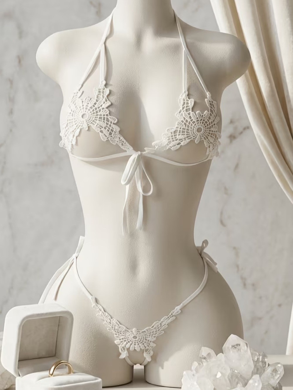 White, Strand, Sheer, Abstract, Lingerie Set